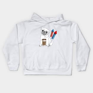 Pug Drinking Coffee with Fireworks Kids Hoodie